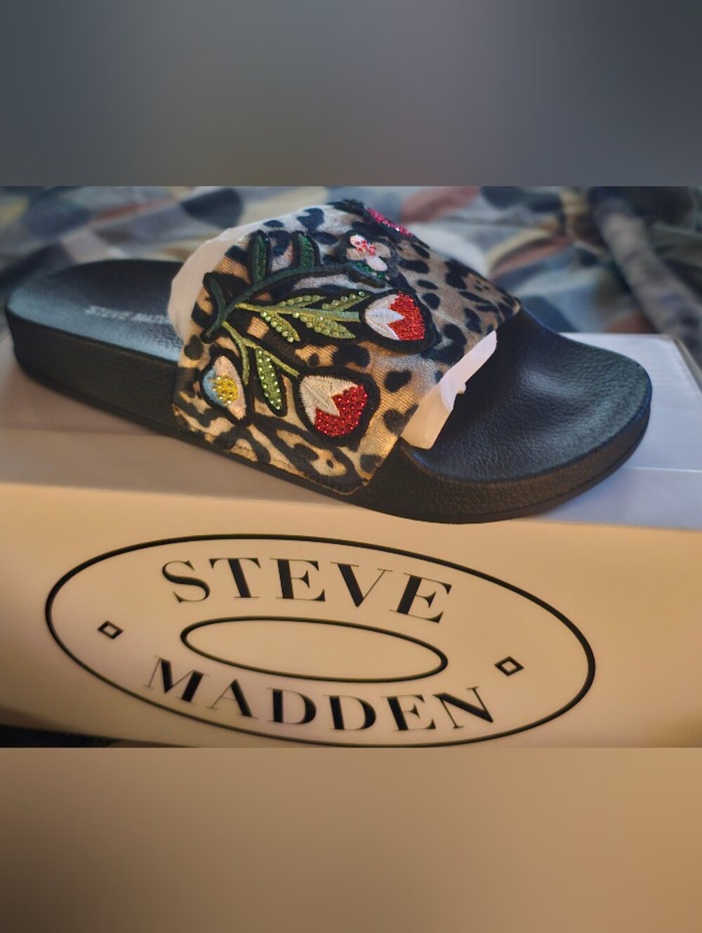 Steve Madden Leopard Slide Sandal with Floral Embroidery - Black